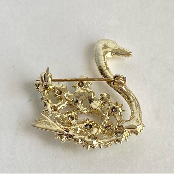 Vintage Swan Brooch Aurora Borealis Crystal Green Rhinestone Gold Tone 60s Retro - Picture 5 of 8